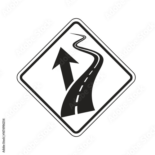 Silhouette Hexagonal Traffic Icon Winding Road Ahead Caution Zone