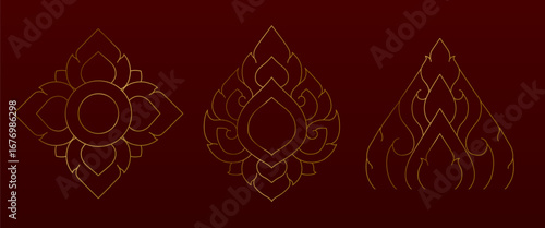 Golden Thai Ornament Line Art Set. Luxury traditional Lai Thai vector elements collection.