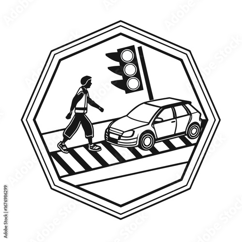 Pedestrian crossing safety emblem featuring a person crossing the street at a crosswalk with a car and traffic signal, symbolizing road safety and traffic control regulations