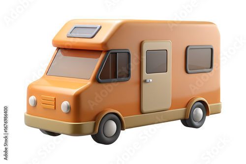 Realistic 3D render of modern camper van parked in scenic outdoor environment.