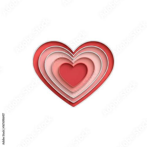 Multi layered paper cut heart in shades of red and pink.