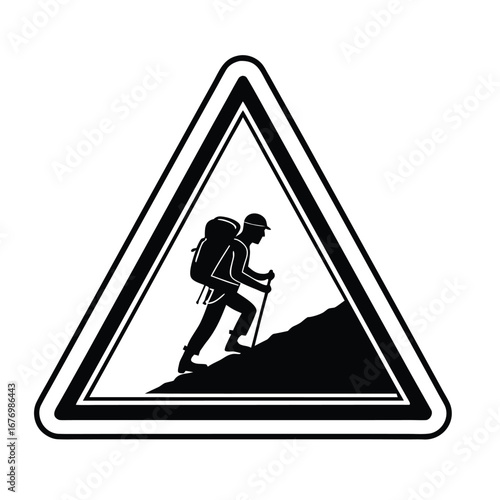 Black and white triangular warning sign featuring a silhouette of a hiker ascending a hill, suitable for various uses