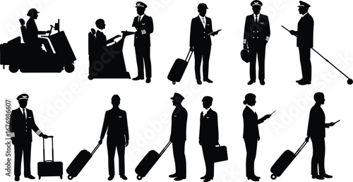 Silhouettes of pilots, flight attendants, and airline staff with luggage, airport operations, aviation professionals, travel, and crew teamwork.
