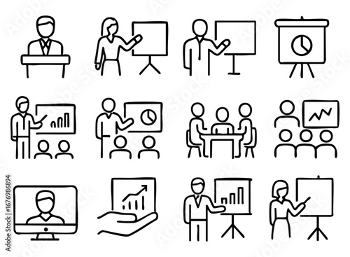 Presentation and Meeting Icons, Isolated Background. Line Design Representing Education and Business Explanation, Multipurpose Graphic Elements for Lectures, Classes, and Teamwork