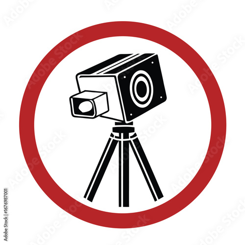 Round traffic warning sign with a silhouette of a speed detection camera on a tripod. Vector illustration for road safety and law enforcement concepts