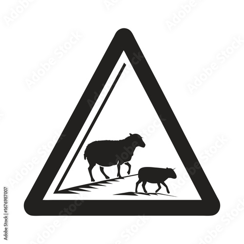 Vector silhouette of a triangular warning traffic sign showing a sheep and lamb, indicating livestock crossing ahead for rural road safety
