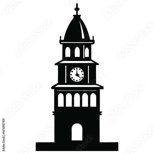 Silhouette of a Detailed Clock Tower with a Dome and Arched Windows