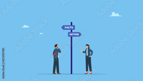 Business people at facts vs myths directional sign. Fact vs Myth, truth or false information to make decision, belief or fiction to choose to believe, trustworthy, fraud or wrong direction.