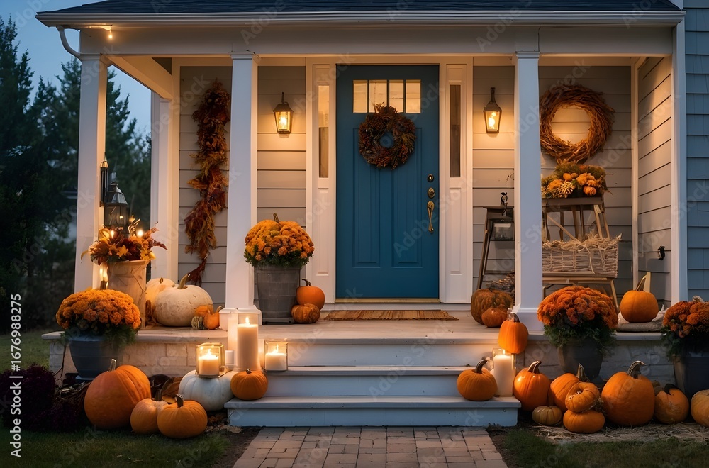 Obraz premium Cozy Autumn Farmhouse Porch with Pumpkins, Lantern, and Wreath at Golden Hour