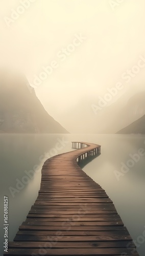 A long, winding wooden pier stretches across a calm, misty lake towards distant mountains.