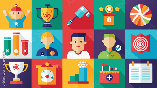 Collection of flat design icons representing sports and achievements