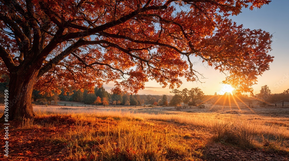 Fototapeta premium Stunning autumn sunrise casts golden light through trees creating a peaceful landscape scene