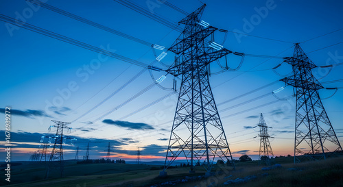 Towering electricity pylons silhouetted against the twilight sky