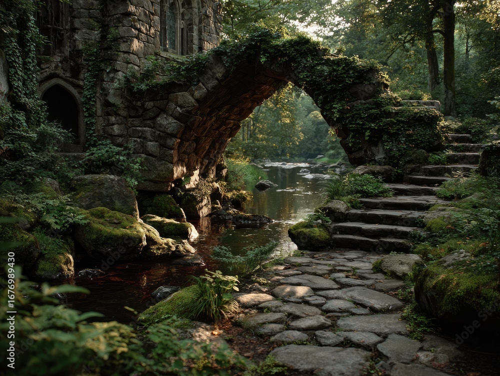 Obraz premium Ancient stone bridge over creek in enchanted forest