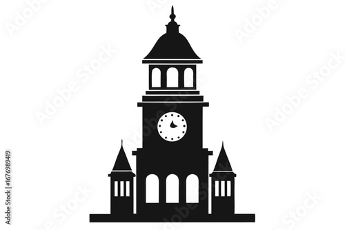 Black Silhouette of a Clock Tower Featuring Architectural Details and Elegant Design Elements