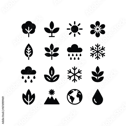 Nature icons representing seasons weather plants earth water and sun celestial body and mountain landscape
