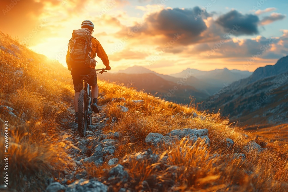 Obraz premium Mountain biker rides along a rugged trail at sunset, enjoying nature's vibrant evening colors