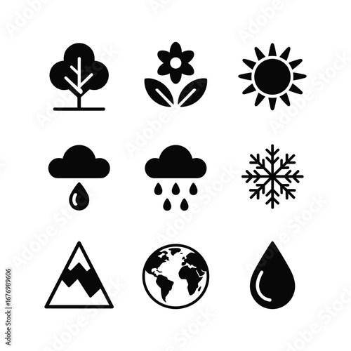Collection of weather and nature icons representing seasons climate change earth elements