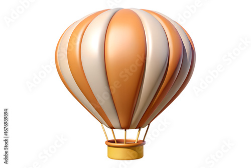 Realistic 3D render of hot air balloon floating above scenic mountains with sunrise lighting.