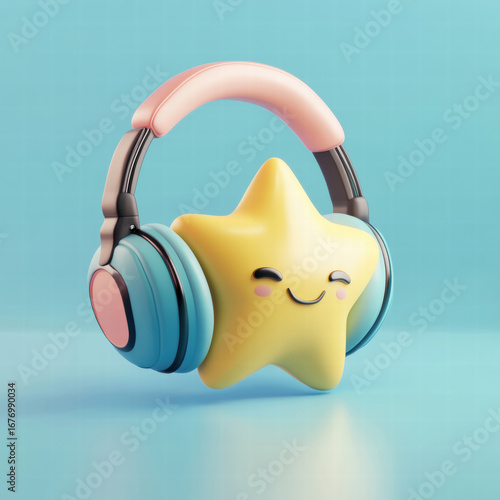 A cartoon star wearing headphones is smiling