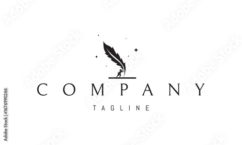 A vector logo featuring an abstract image a child holding a giant quill beneath the stars, symbolizing dreams, writing, and inspiration.