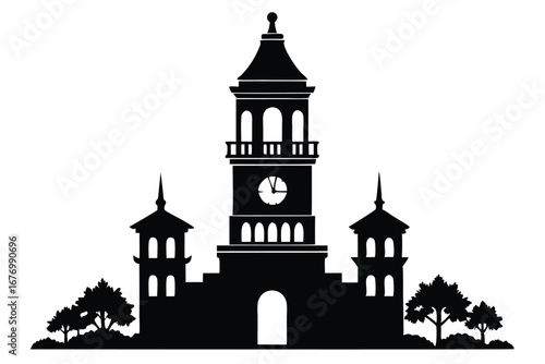 Silhouette of a Clock Tower, Twin Pagodas, and Trees Against a White Background