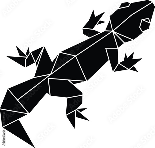 Geometric black silhouette of a lizard with white lines