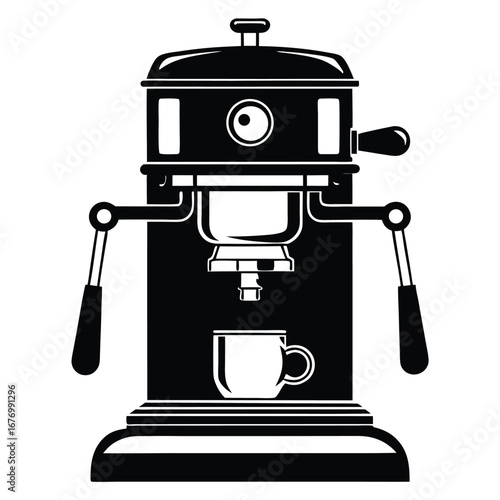 Black and White Illustration of a Vintage Espresso Machine with Coffee Cup Below
