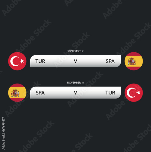 Vector scoreboard with national flags of Turkey and Spain, sports match template. Perfect template for football, soccer, championship, tournament, and broadcasting graphics. .