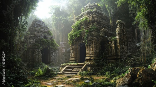 Ancient temple ruins draped in lush greenery, surrounded by dense jungle, illuminated by soft morning light, creating a mystical atmosphere.