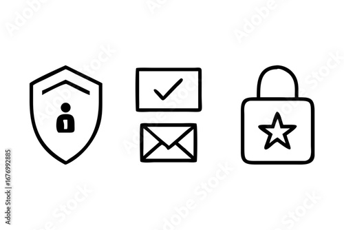 Vector art of security icons in doodle style, set of three