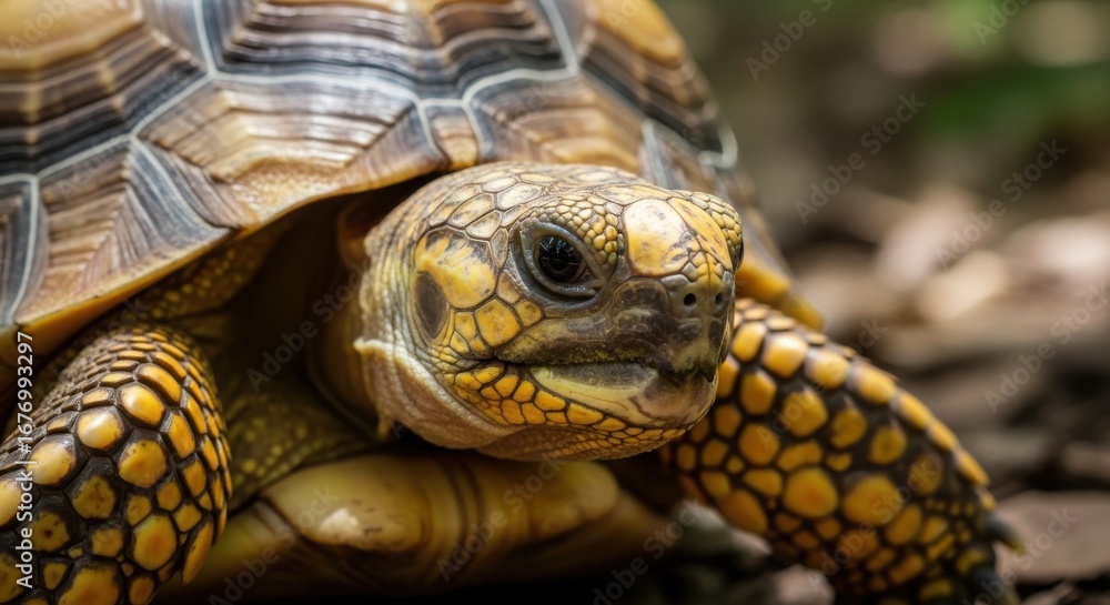 Obraz premium Detailed close-up of a tortoise showcasing intricate patterns and textures