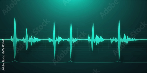 Abstract heartbeat pulse line on a medical monitor graph illustrates a healthy electrocardiogram wave