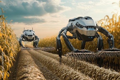 Robots harvesting crops in a golden cornfield under a dramatic sky