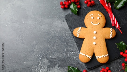 Smiling gingerbread cookie on a dark slate with holly, red berries and a candy cane - a festive Christmas dessert scene.