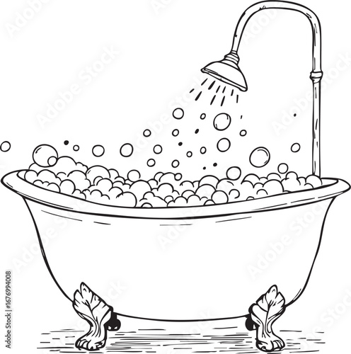 Vintage clawfoot bathtub with bubbles and showerhead black and white line art illustration for bathroom and decorative design