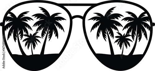 aviator sunglasses reflecting a- tropical beach sunset.