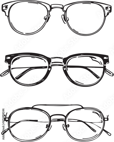 Set of three eyeglass frame styles black and white line art illustration for fashion optical design and accessory comparison