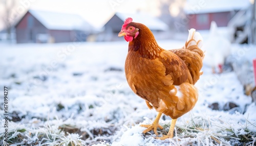 A brown hen stands on frosty, snow-dusted ground with blurred farm buildings in the background, winter light highlighting its feathers.