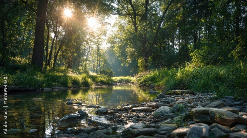 Obraz premium Serene forest scene with sunlight filtering through dense green foliage onto a tranquil stream surrounded by moss-covered rocks and lush vegetation