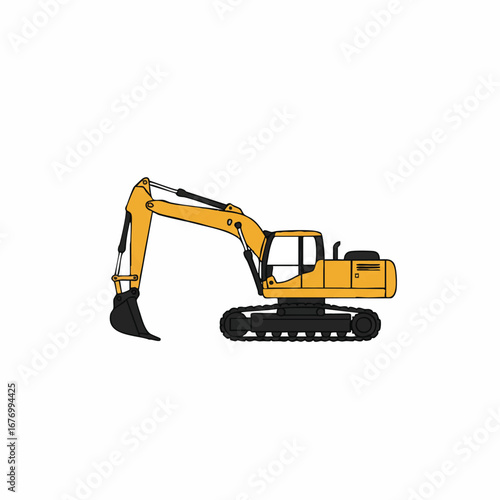 A large-scale minimalist 2D flat illustration of an earthmover, featuring clean lines and solid colors, prominently presented and isolated on a pristine white background.