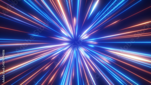 青とオレンジの光が広がるワープスピード集中線背景