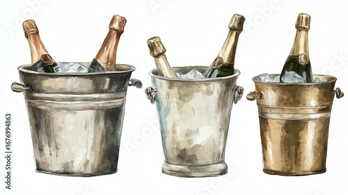 Three champagne buckets with bottles, two silver and one gold, filled with ice