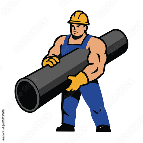 A vibrant 2D vector illustration showcases a dedicated pipelayer skillfully handling a large, heavy pipeline with bold shapes and solid colors, isolated on a clean, bright white background.