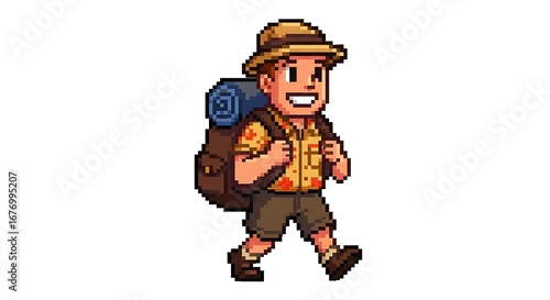 Adventurous pixel explorer with backpack trekking outdoors