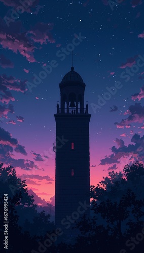 Minimalist anime forgotten bell tower chiming softly in dreamy twilight