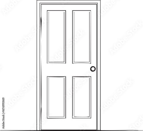 Six panel interior door with round knob black and white line art illustration for architecture construction and home design themes