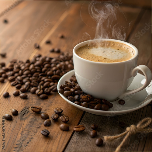 cappuccino cup with coffee beans scattered around
