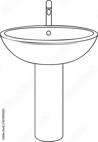 Pedestal sink with rounded basin and faucet hole black and white line art illustration for bathroom plumbing and fixture design