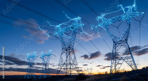 Glowing Electric Power Transmission Towers Under a Dramatic Sunset Sky